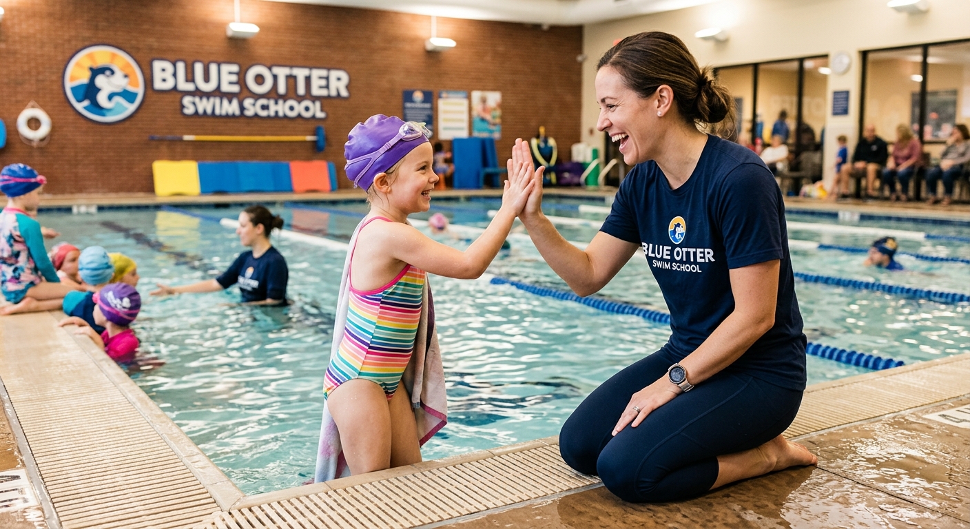 A Blue Otter coach celebrating with a young swimmer poolside