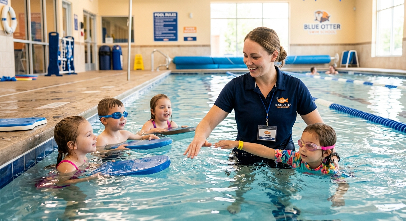 A Blue Otter instructor teaching a small group of children at the pool edge