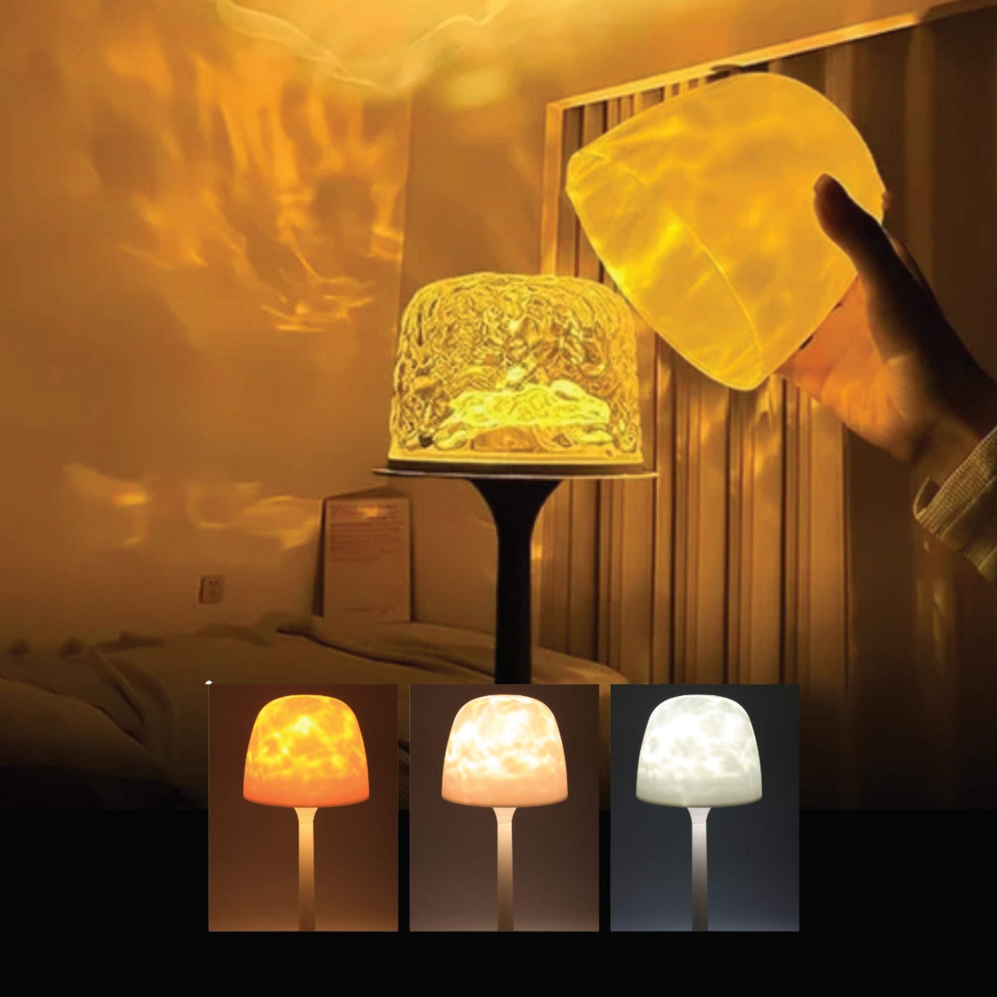 A mood lamp glowing softly on a side table