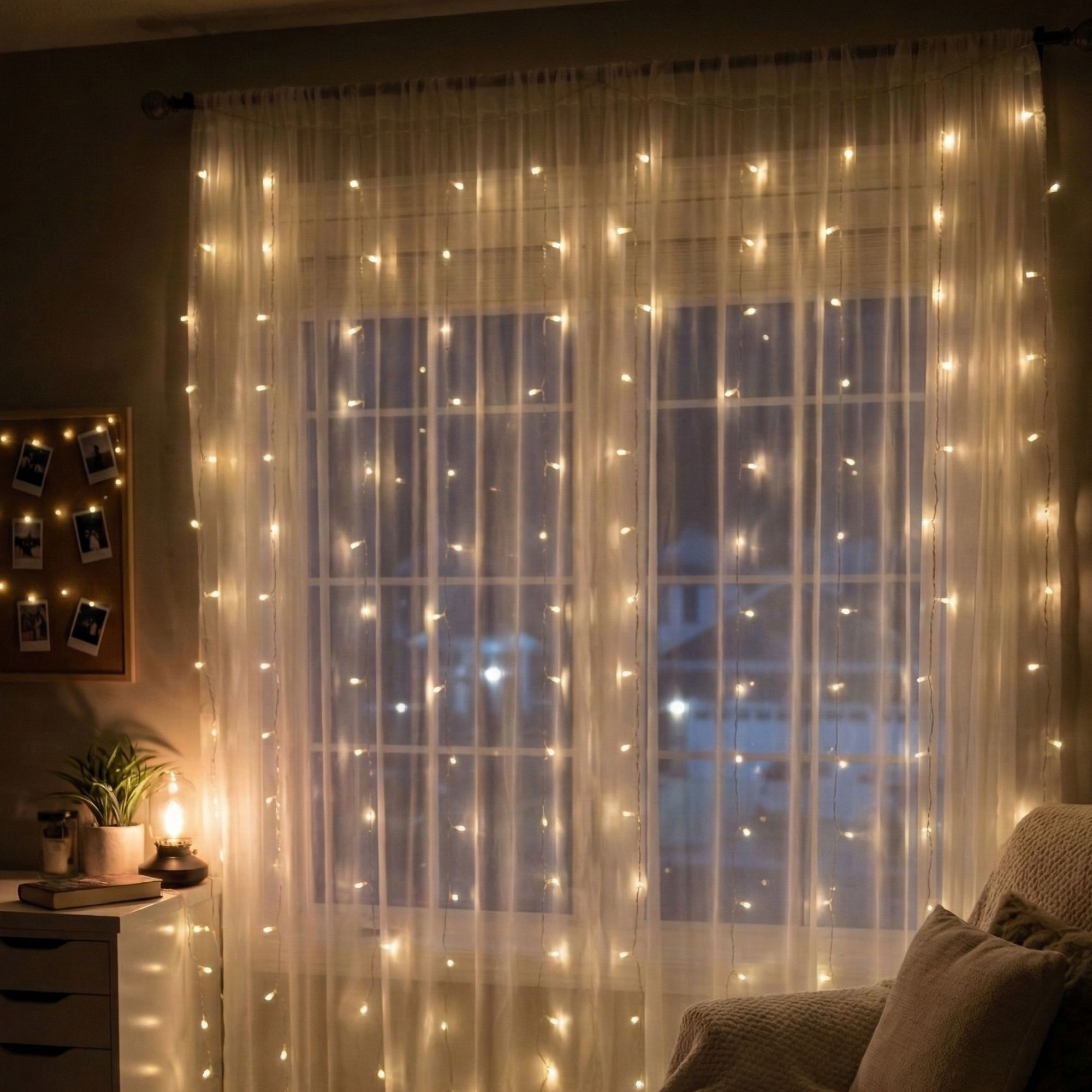 Warm curtain lights in a cozy corner