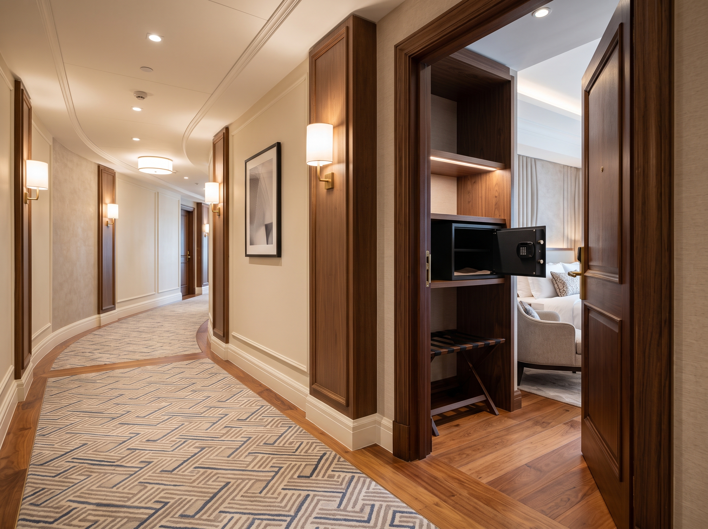 A hotel guest room with a staged in-room safe installation