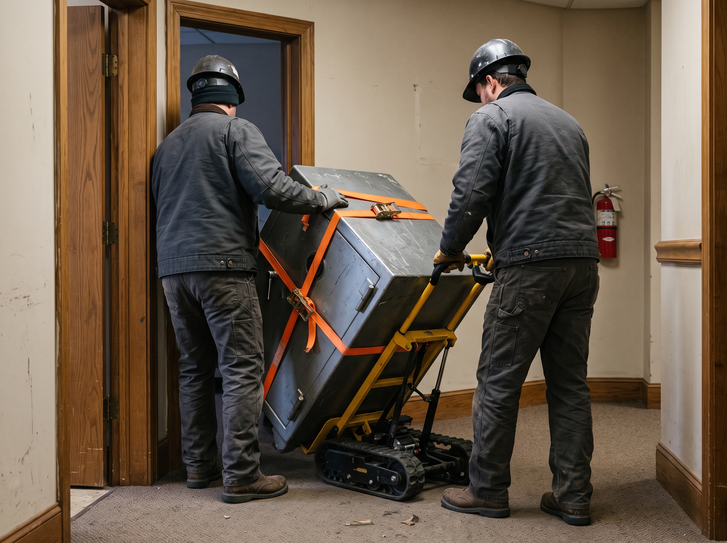 Two riggers steering a heavy safe through a narrow doorway with a stair-climber