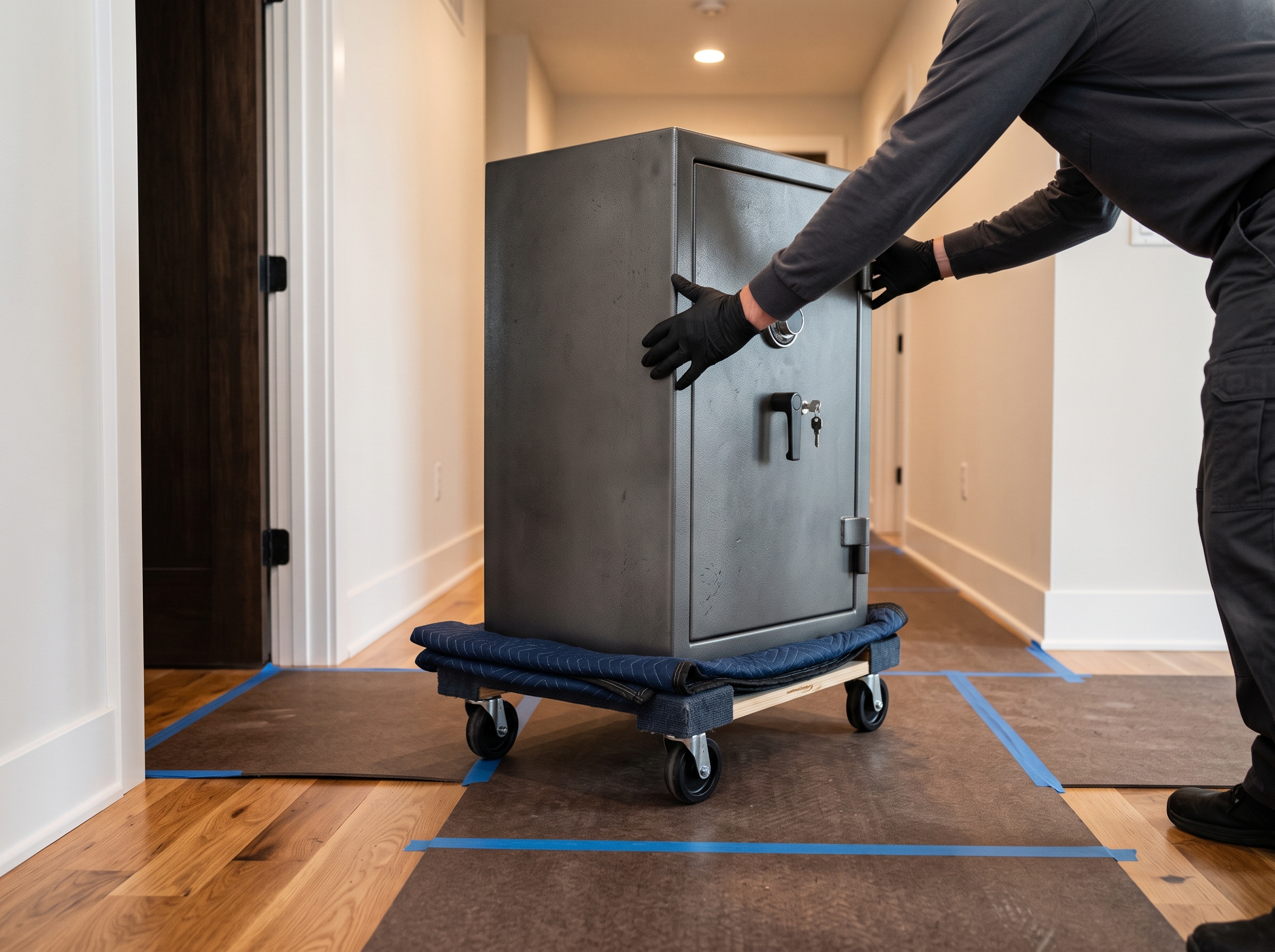 A technician guiding a safe on a padded moving dolly across a protected hardwood floor