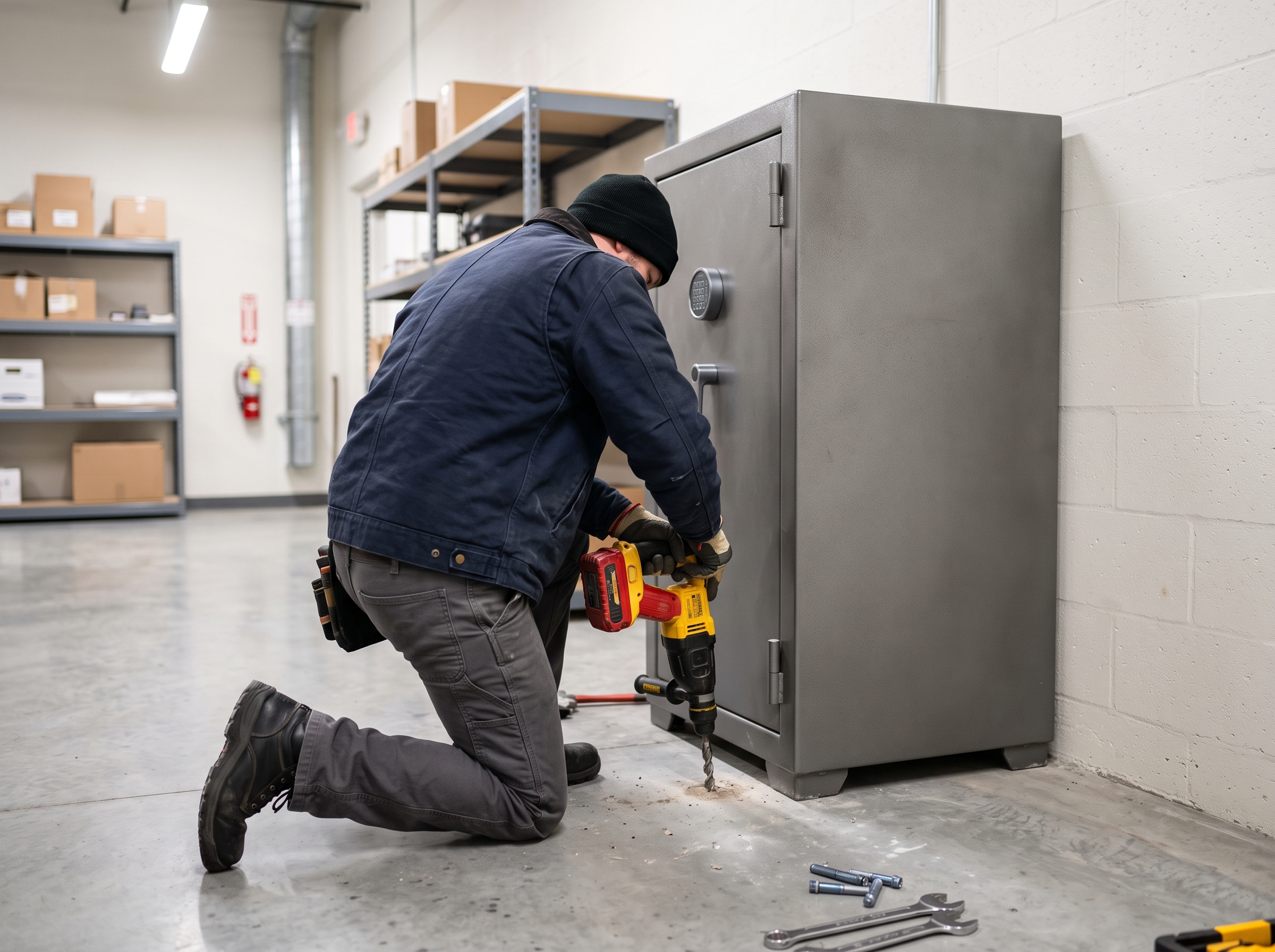 A technician anchoring a safe to the floor with a rotary hammer