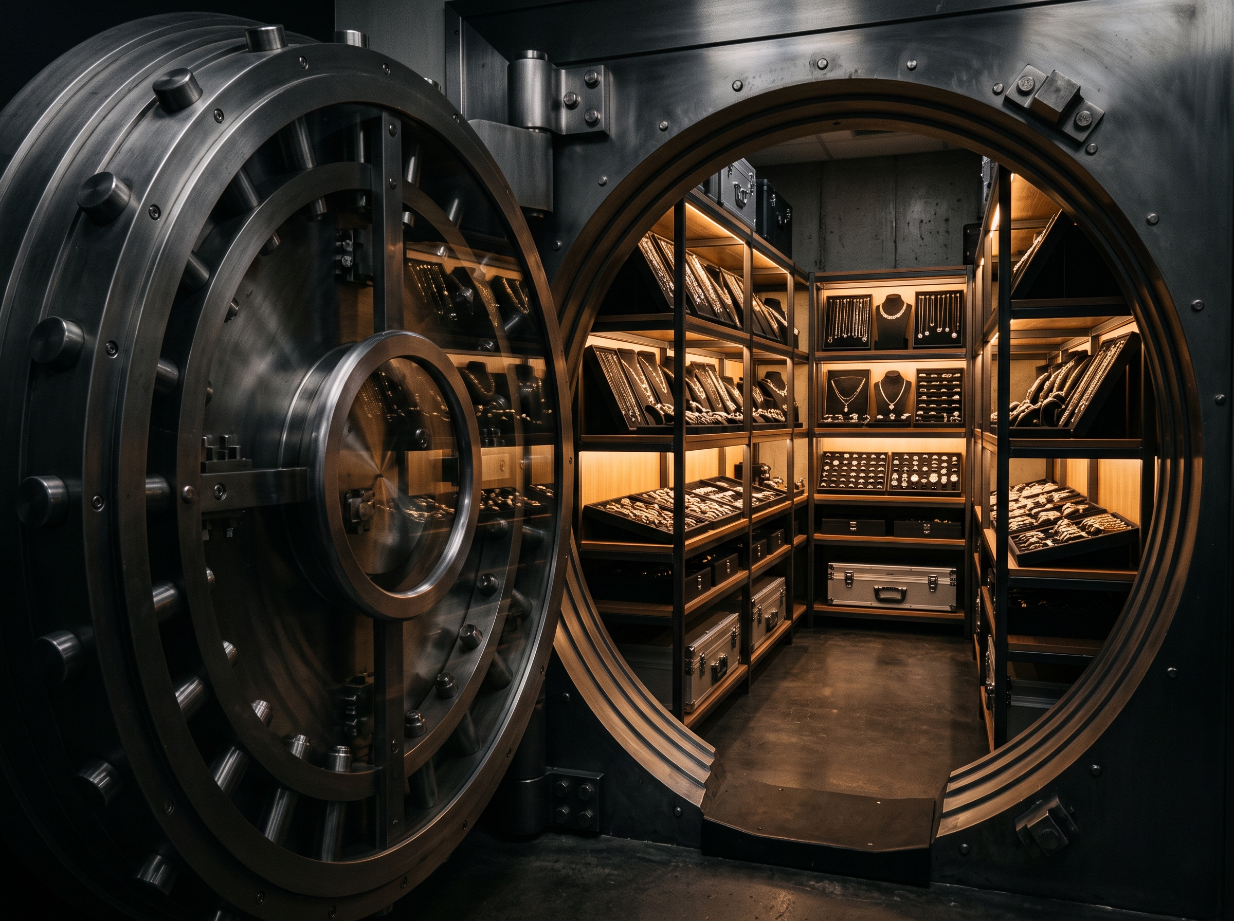 A jewelry-store vault room behind an open round vault door