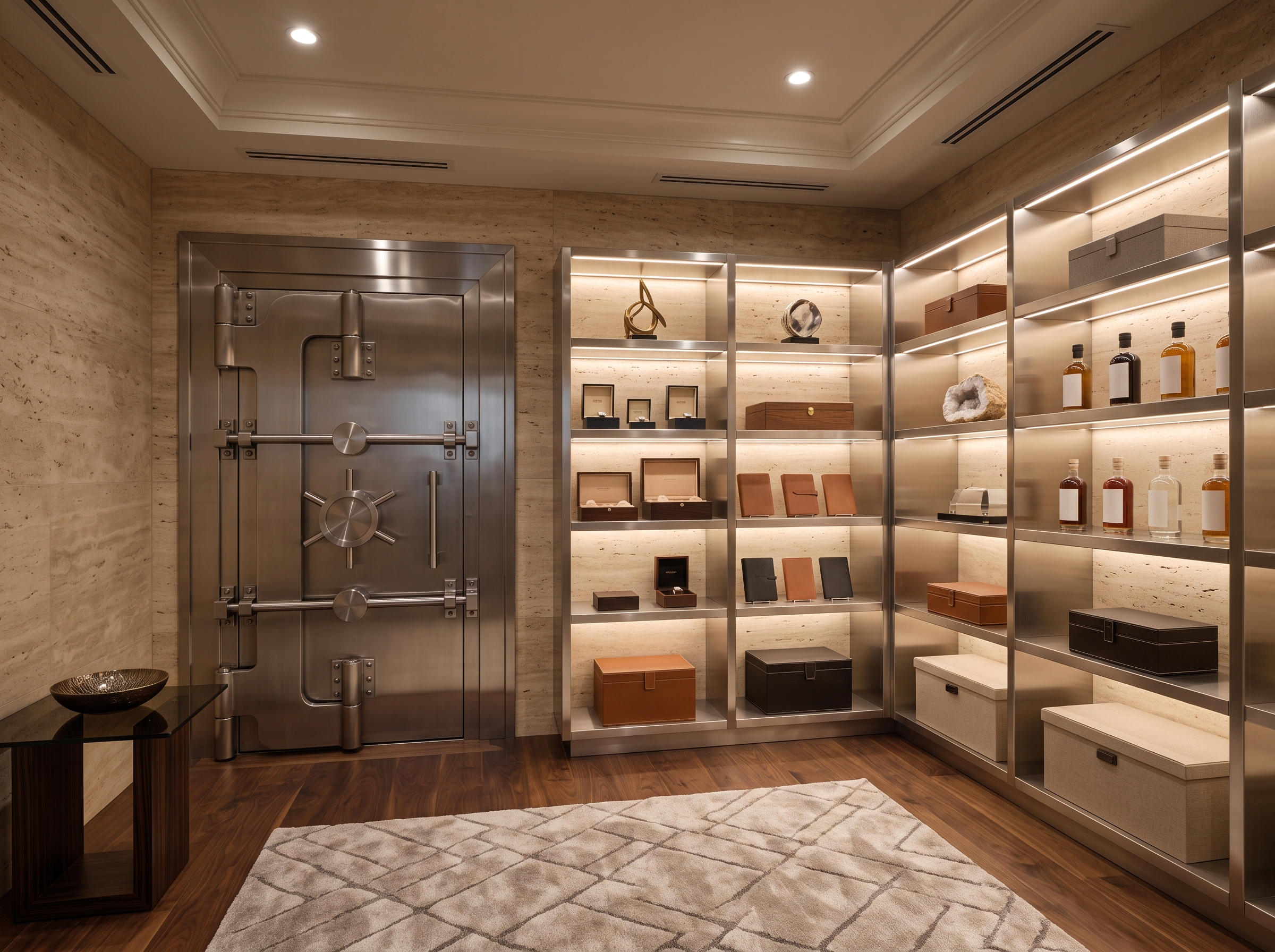 A finished custom residential vault room with a polished steel door