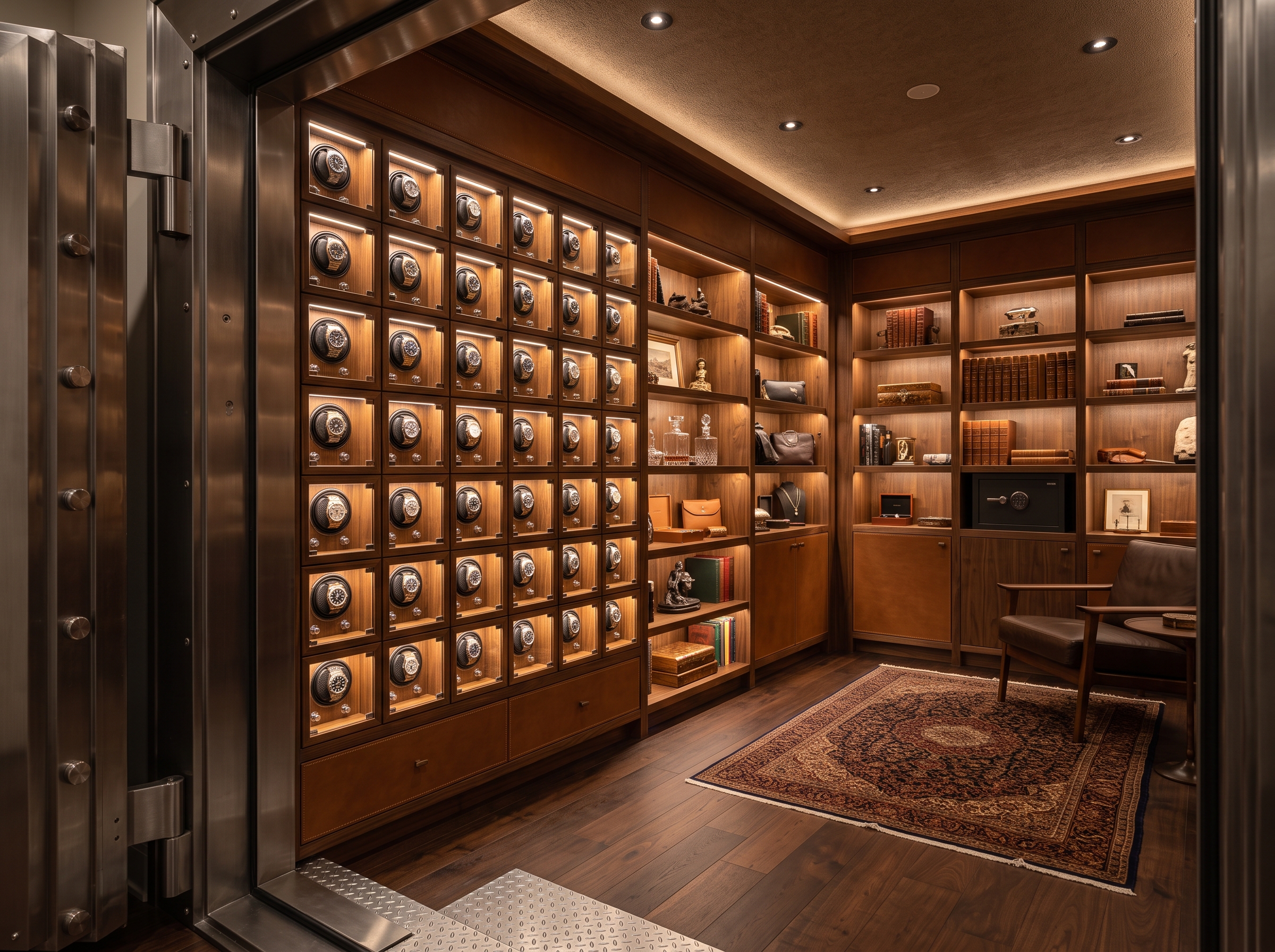 A finished residential walk-in vault interior with a lit watch wall and display shelving