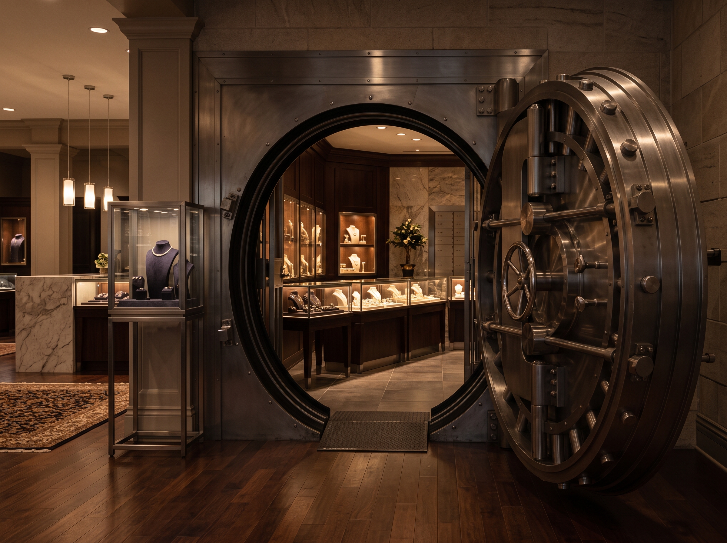 A jewelry-store vault room seen from the sales floor through an open round vault door