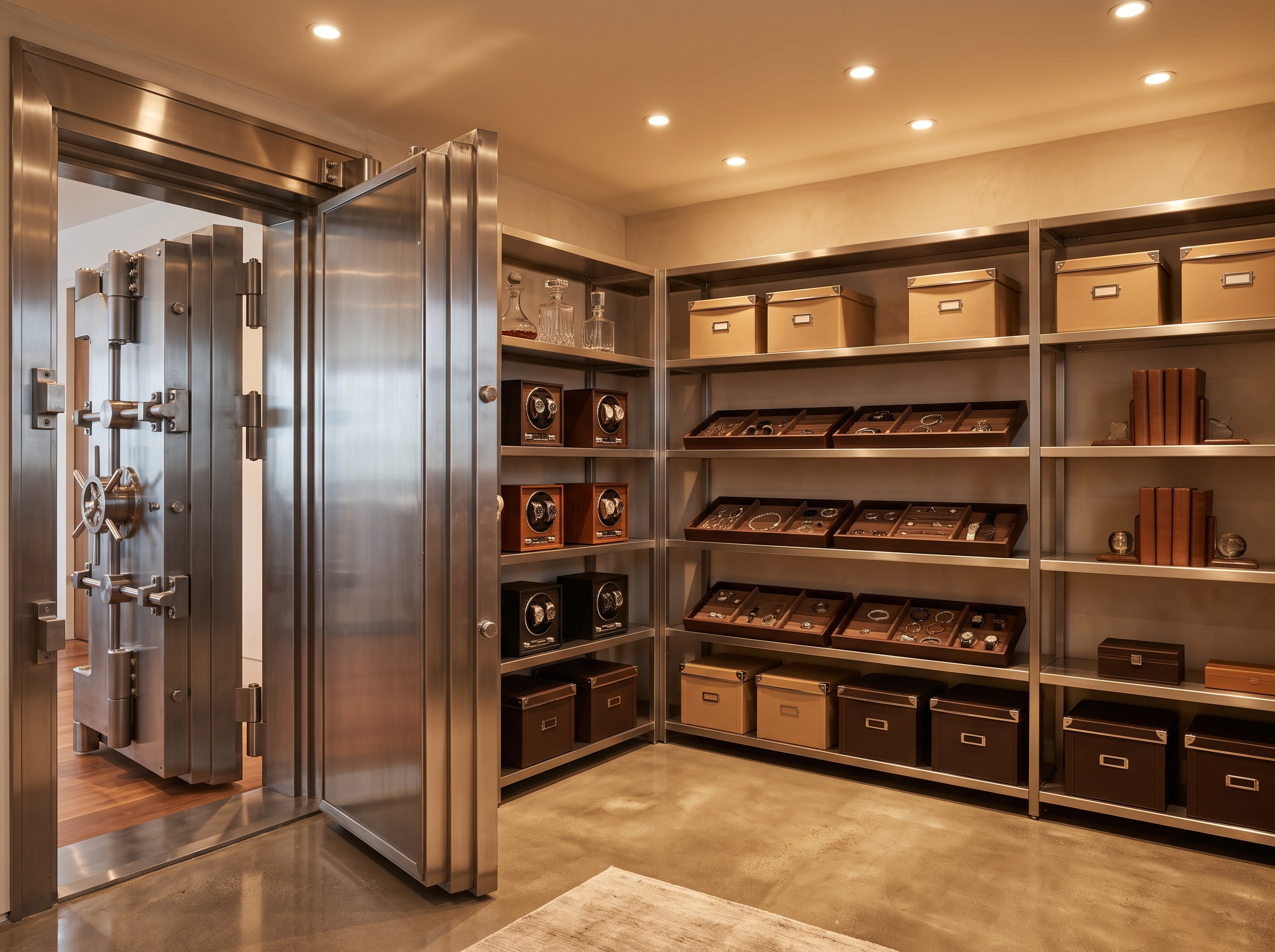 The interior of a finished walk-in vault room in a luxury residence
