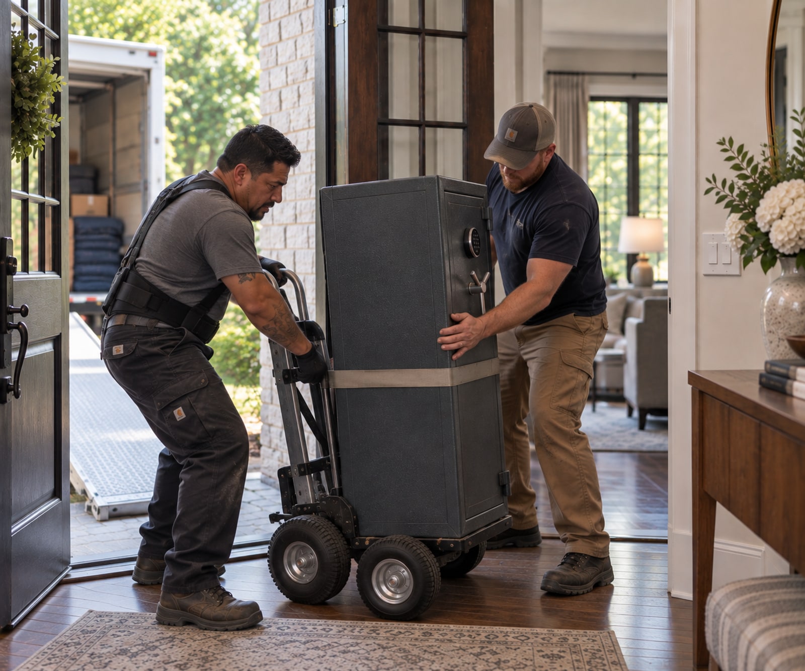 Two riggers moving a safe through a front door on a stair-climbing dolly