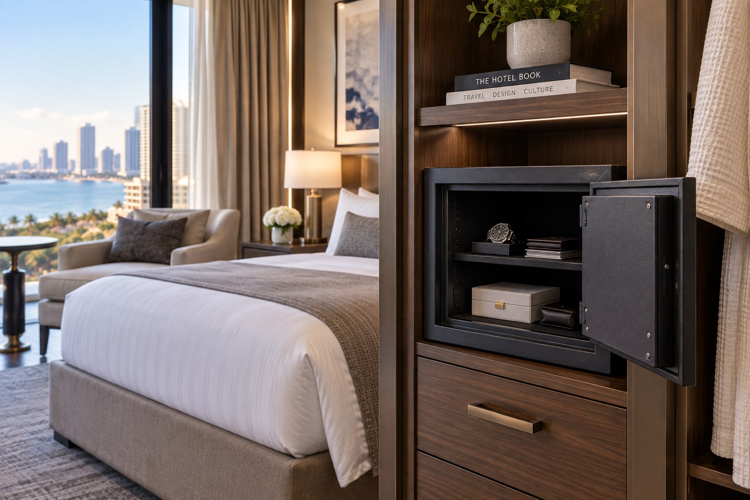 An in-room hotel safe open inside wardrobe millwork, overlooking the bay