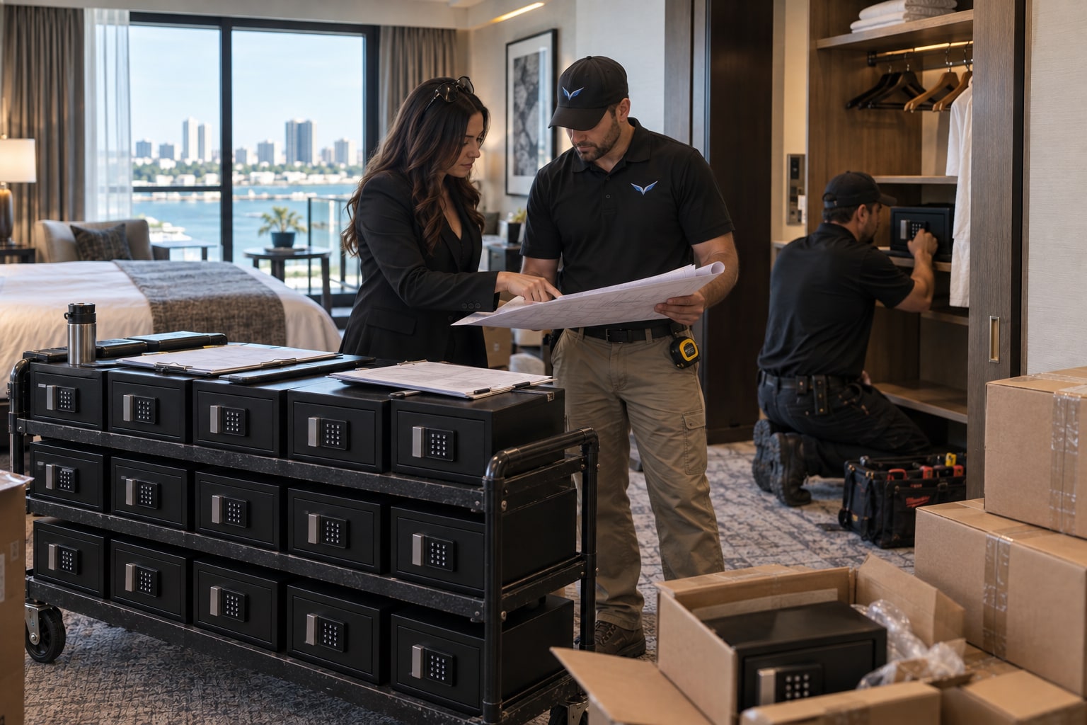 An installer and a hotel manager reviewing plans beside a cart of in-room safes