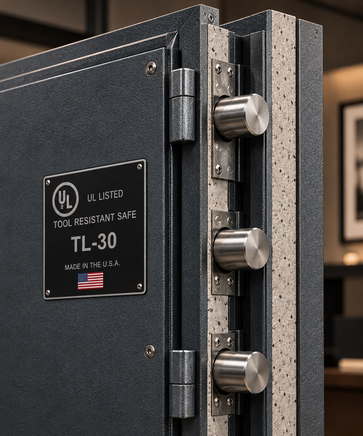 A UL tool-resistant TL-30 rating plate beside the boltwork of a high-security safe door