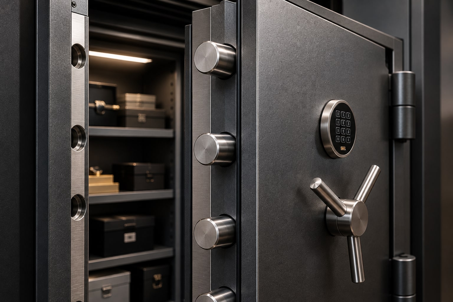 An open high-security safe door showing its boltwork, keypad and lit interior