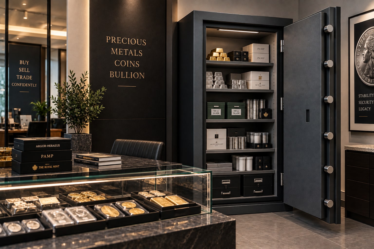 A precious-metals dealer's showroom with an open high-security safe behind the counter