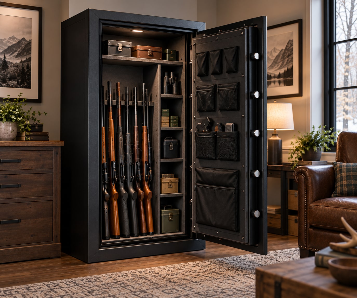 An open gun safe holding long guns and valuables in a home study