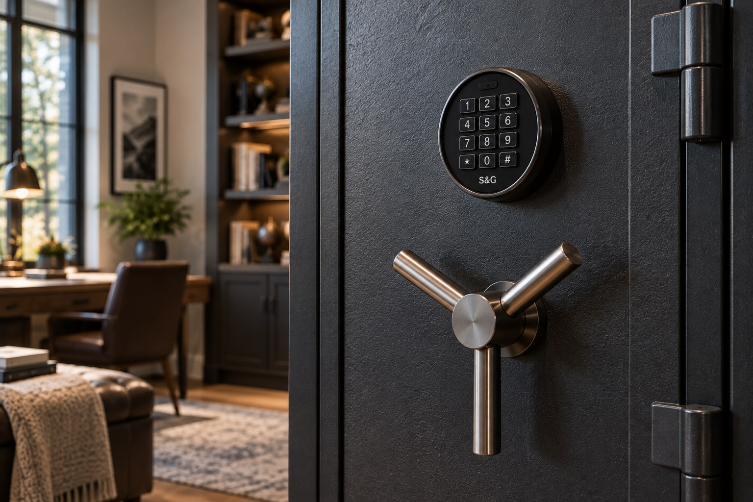 An electronic keypad and three-spoke handle on a home safe door