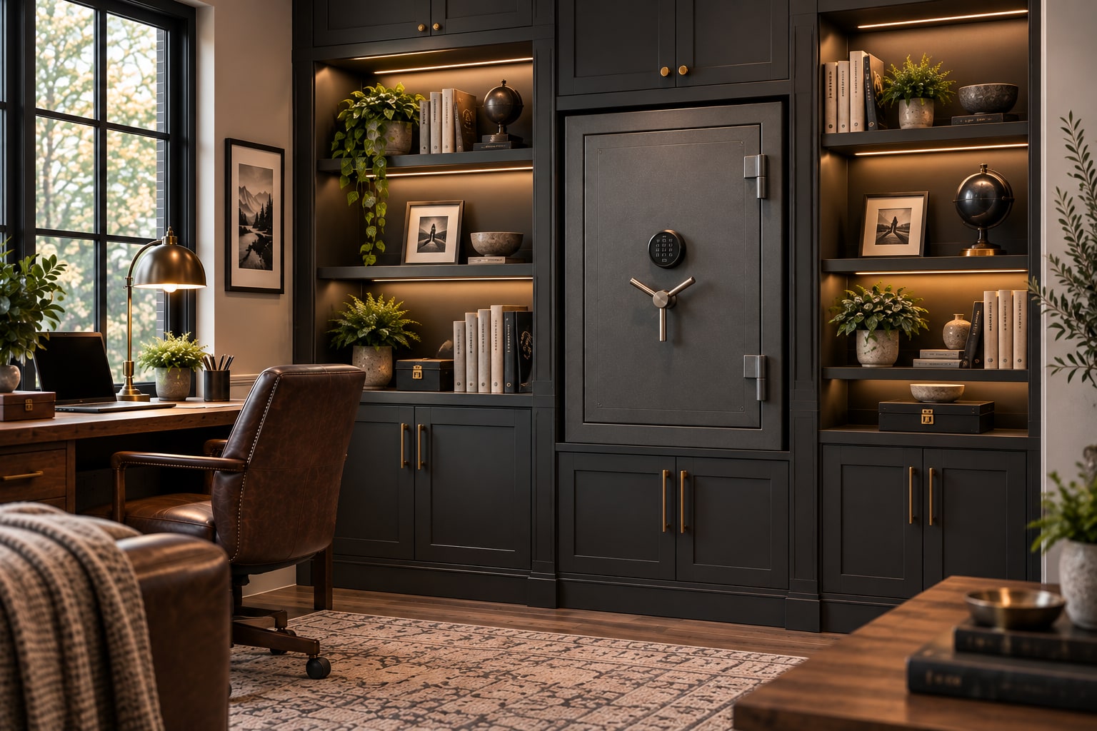 A large home safe built into the millwork of a dark panelled library