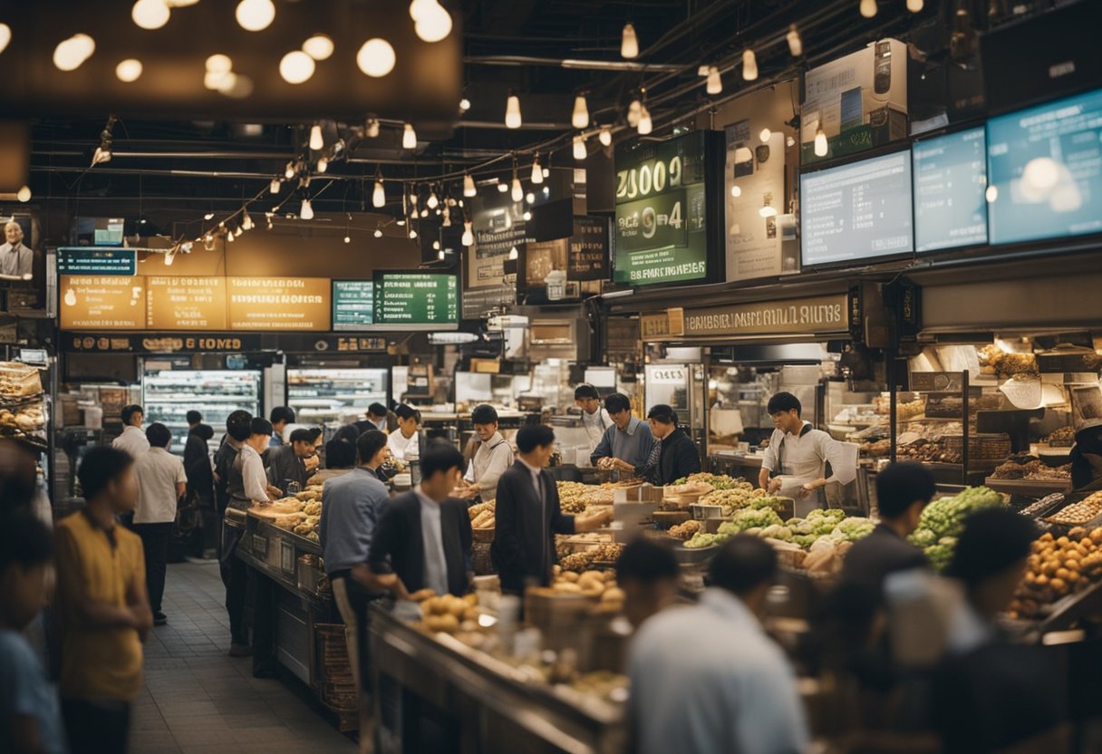 A bustling market with various financial institutions offering private lending opportunities to eager customers