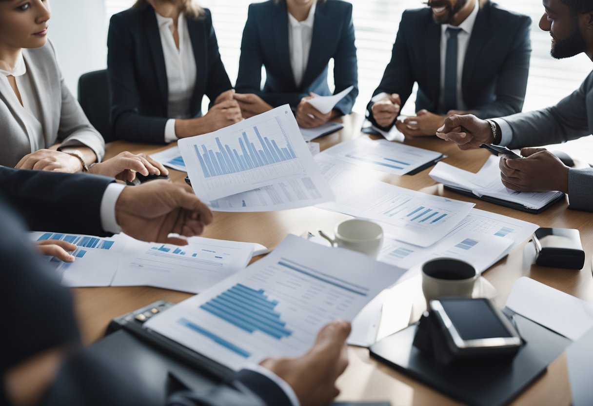 A group of individuals discussing and reviewing loan terms and conditions, with charts and documents spread out on a conference table