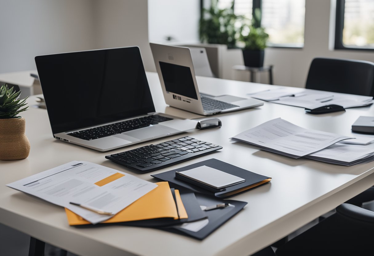 A modern office desk with a laptop, paperwork, and a set of keys, surrounded by real estate property brochures and financial documents