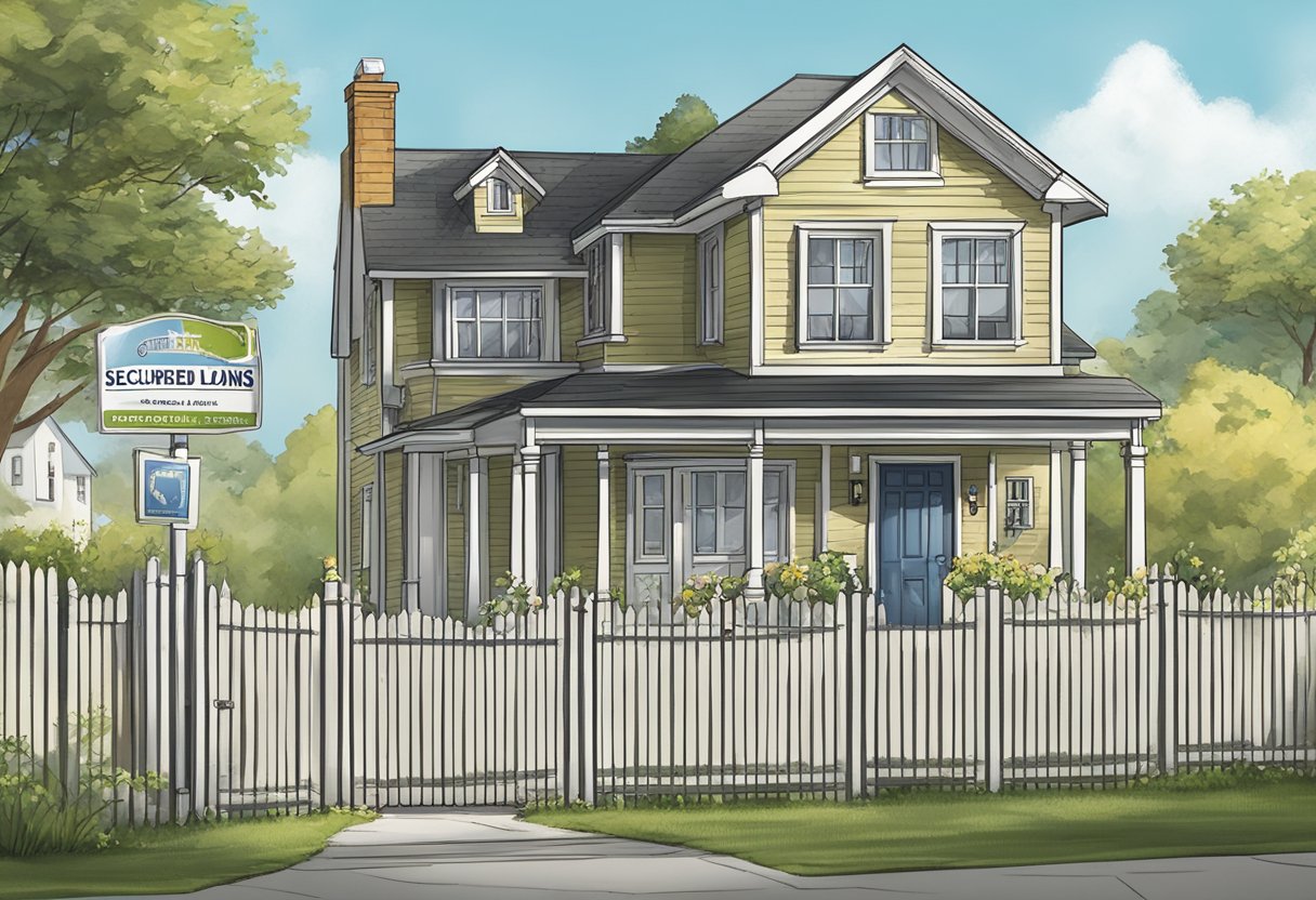 A house surrounded by a sturdy fence, with a sign displaying "Secured Loans Available" in front
