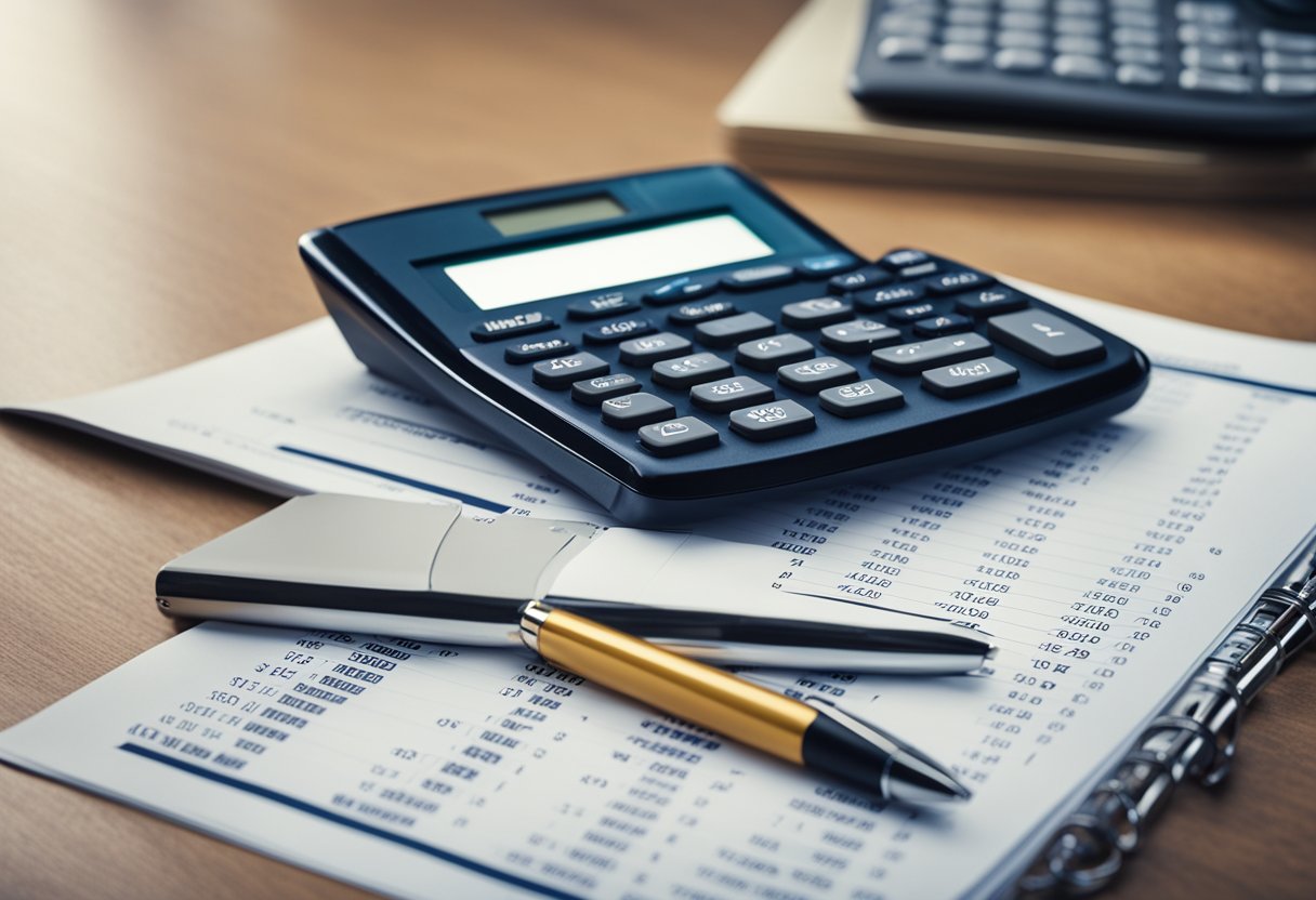 A stack of mortgage notes with a calculator and pen on a desk. A graph showing investment growth on the wall