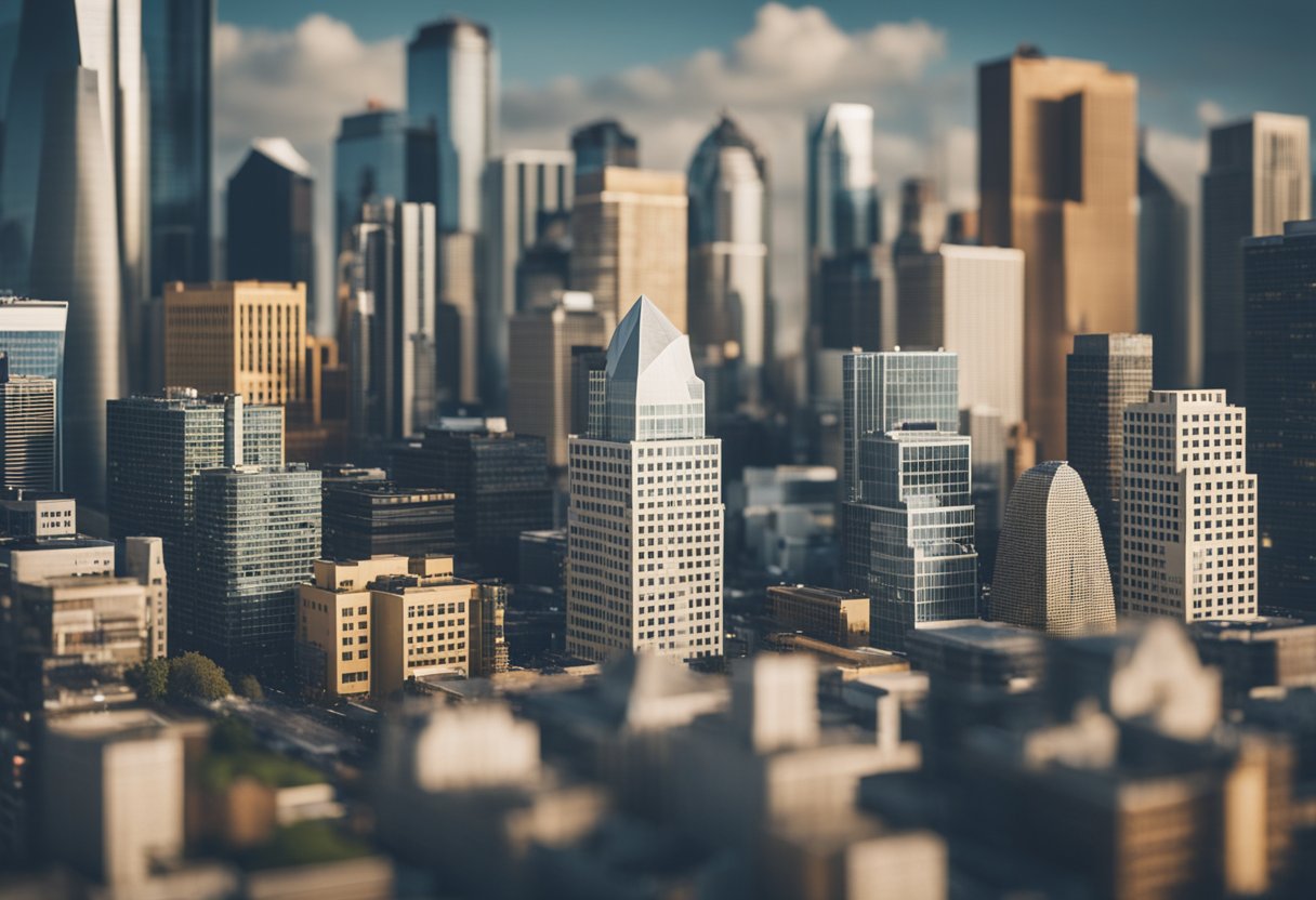 A bustling city skyline with various properties and investment symbols, surrounded by caution signs and dollar signs