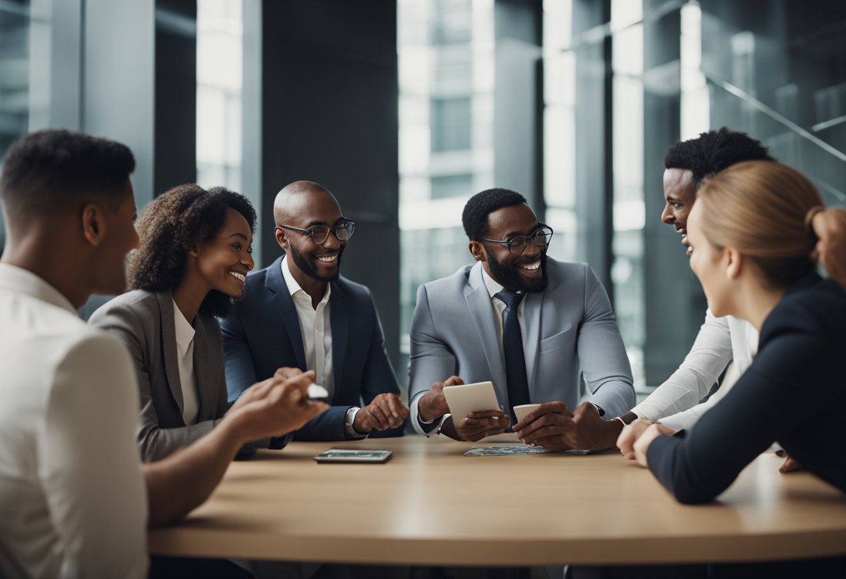 A group of diverse individuals gather around a digital platform, exchanging money and discussing investment opportunities