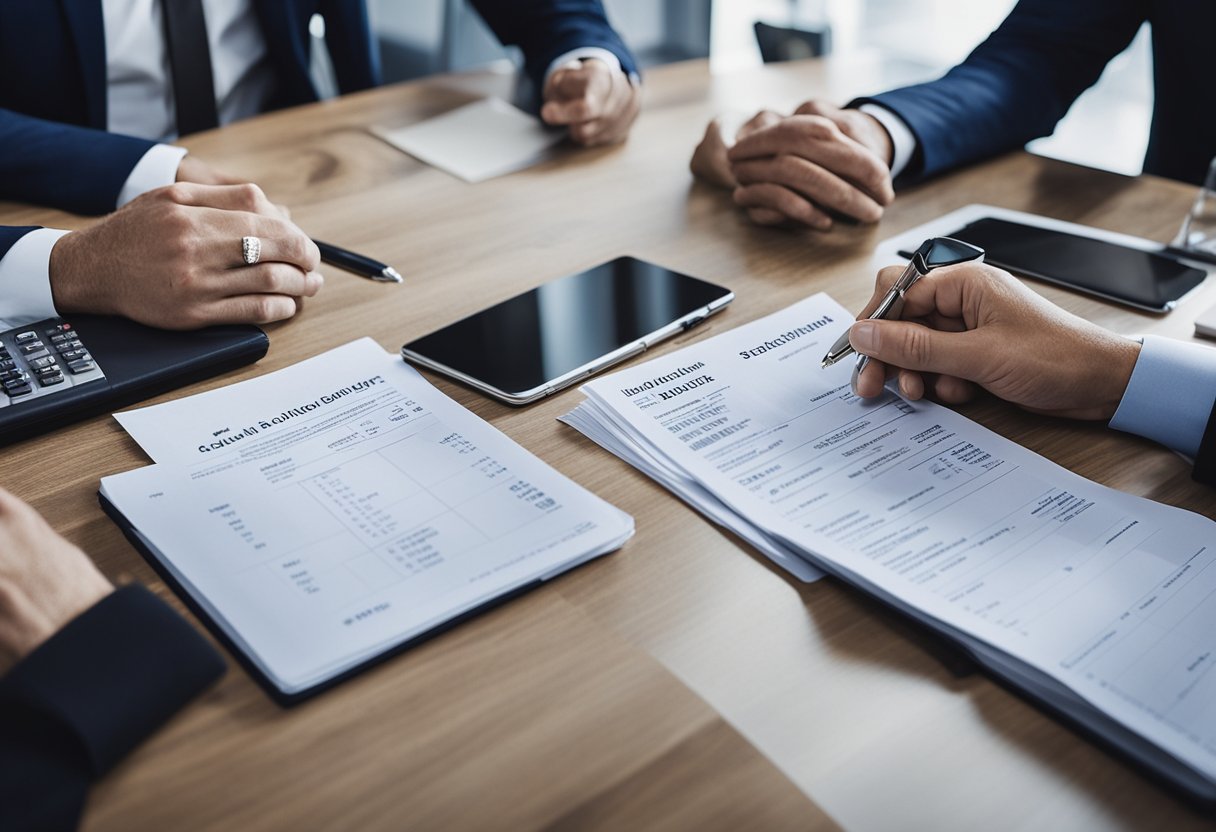 A real estate investor meeting with private money lenders, discussing loan terms and interest rates in a modern office setting