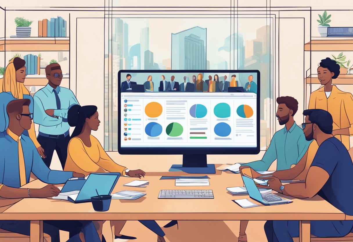 A computer screen displaying various real estate investment options, surrounded by diverse individuals in a virtual meeting