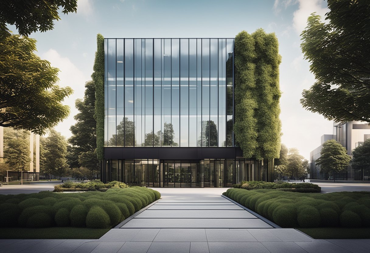A modern office building with a glass facade and a secure entrance, surrounded by a gated parking lot and landscaped grounds