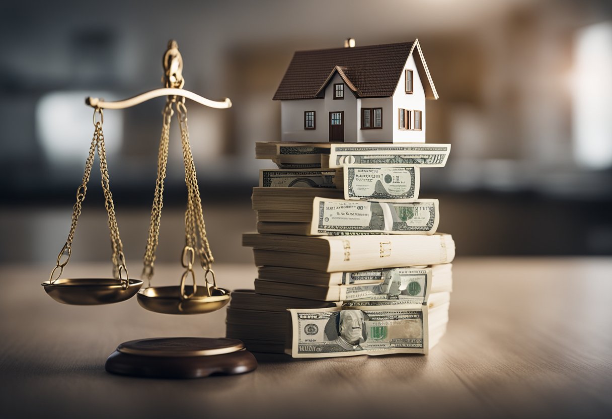 A house with a scale balancing a stack of money on one side and a list of potential benefits and risks on the other