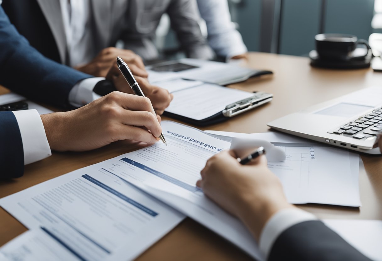A person sitting at a desk, filling out paperwork while a bank employee reviews documents and discusses loan terms
