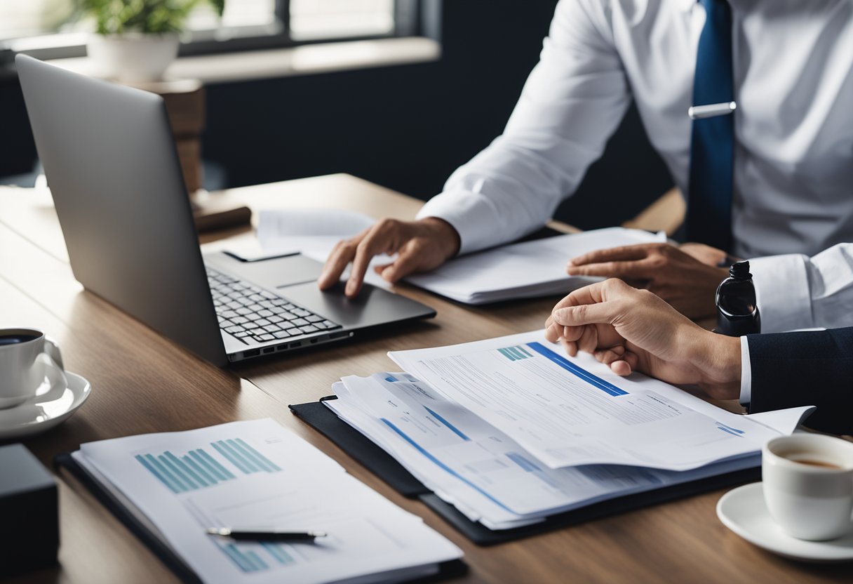 A table with two individuals discussing a contract, one holding a folder of documents while the other gestures towards a laptop displaying financial data