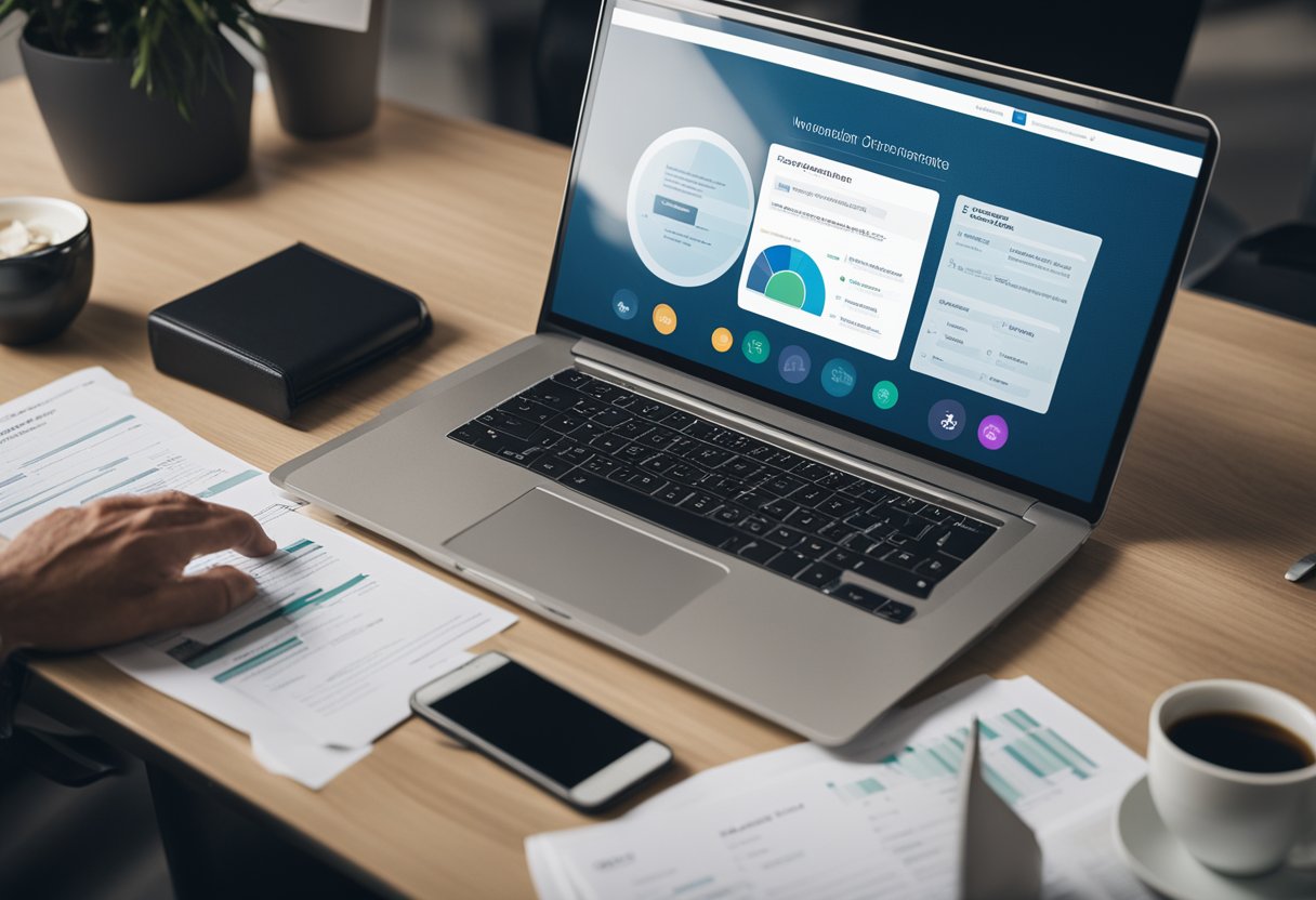 A desk cluttered with financial documents and a laptop displaying various investment opportunities. A person reviewing and assessing private lending options