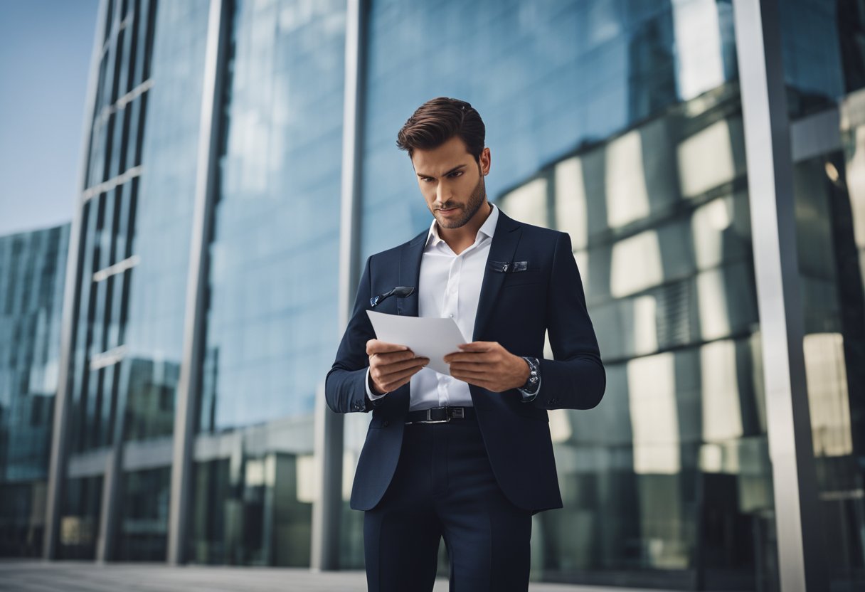 A person in a suit signing a contract while standing in front of a row of office buildings