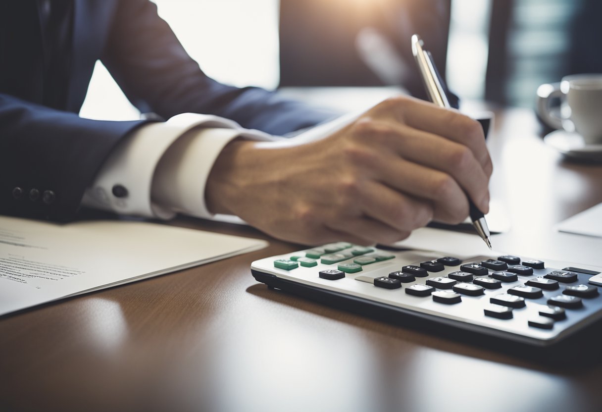 A hand signing a contract for the sale of a real estate note, with a calculator and paperwork on a desk