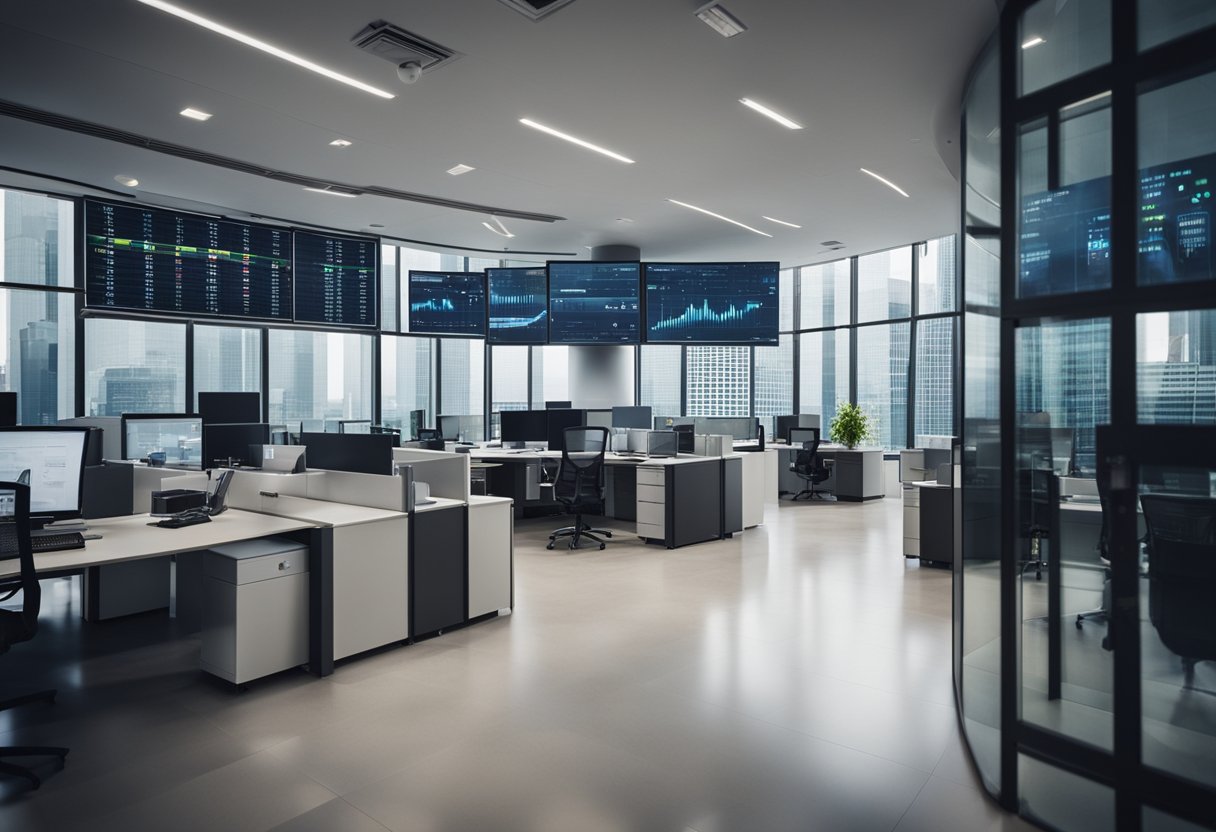 A modern office building with a mix of commercial and residential units, surrounded by a bustling urban environment, with financial charts and graphs displayed on digital screens inside