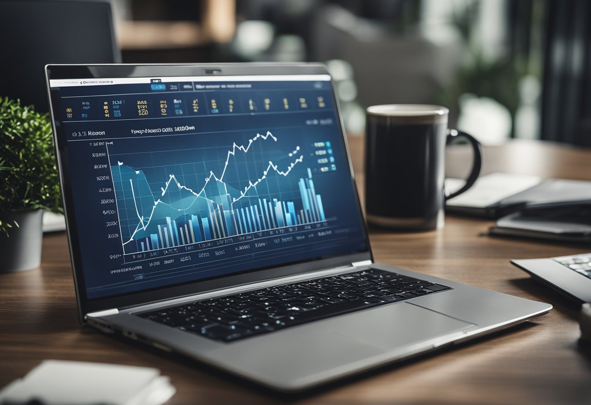 A laptop displaying real estate properties, surrounded by charts and graphs, with a mix of excitement and concern on the investor's face