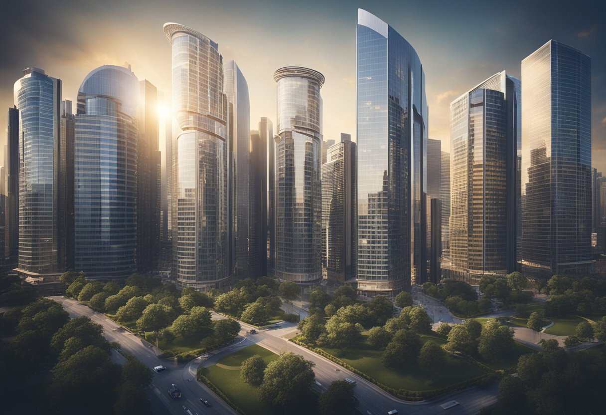 A city skyline with various types of real estate properties, such as apartment buildings, office towers, and residential homes, surrounded by financial charts and graphs