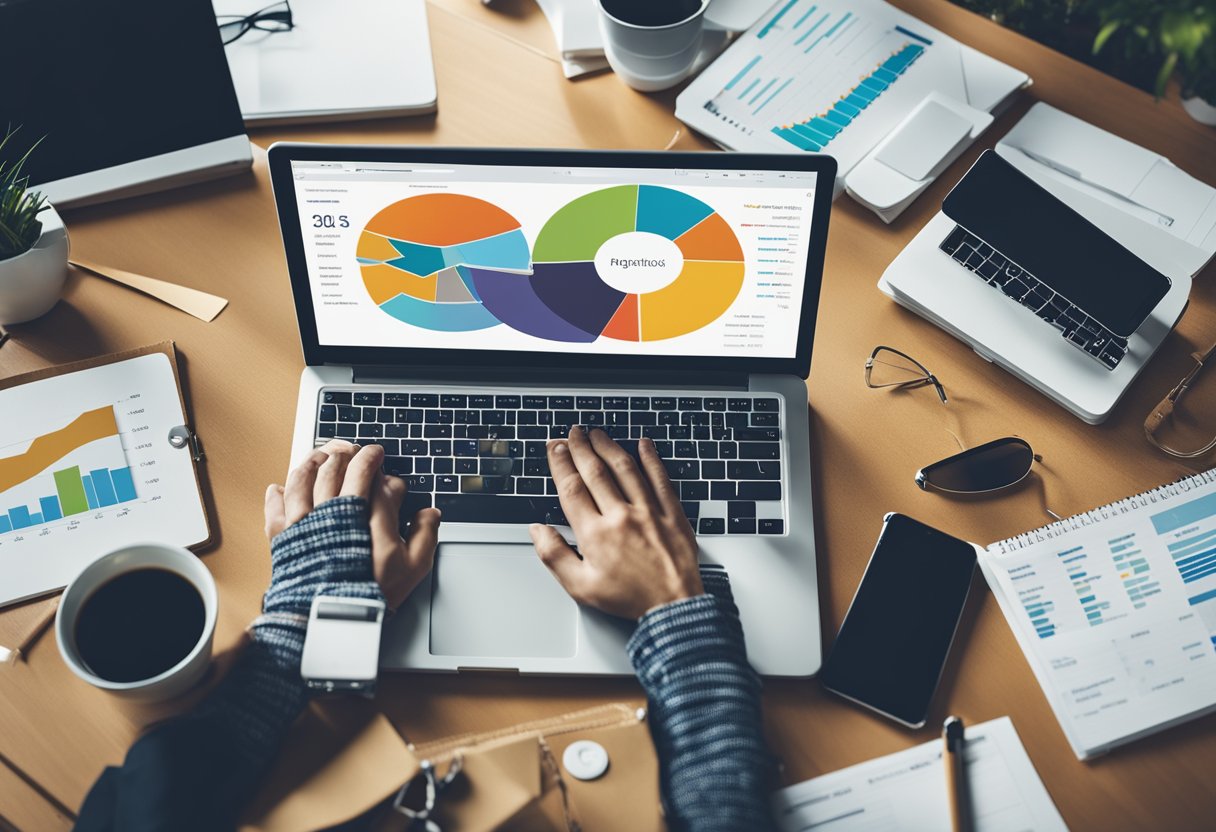 A laptop surrounded by various digital marketing tools and strategies, including social media icons, email marketing graphics, and data analytics charts
