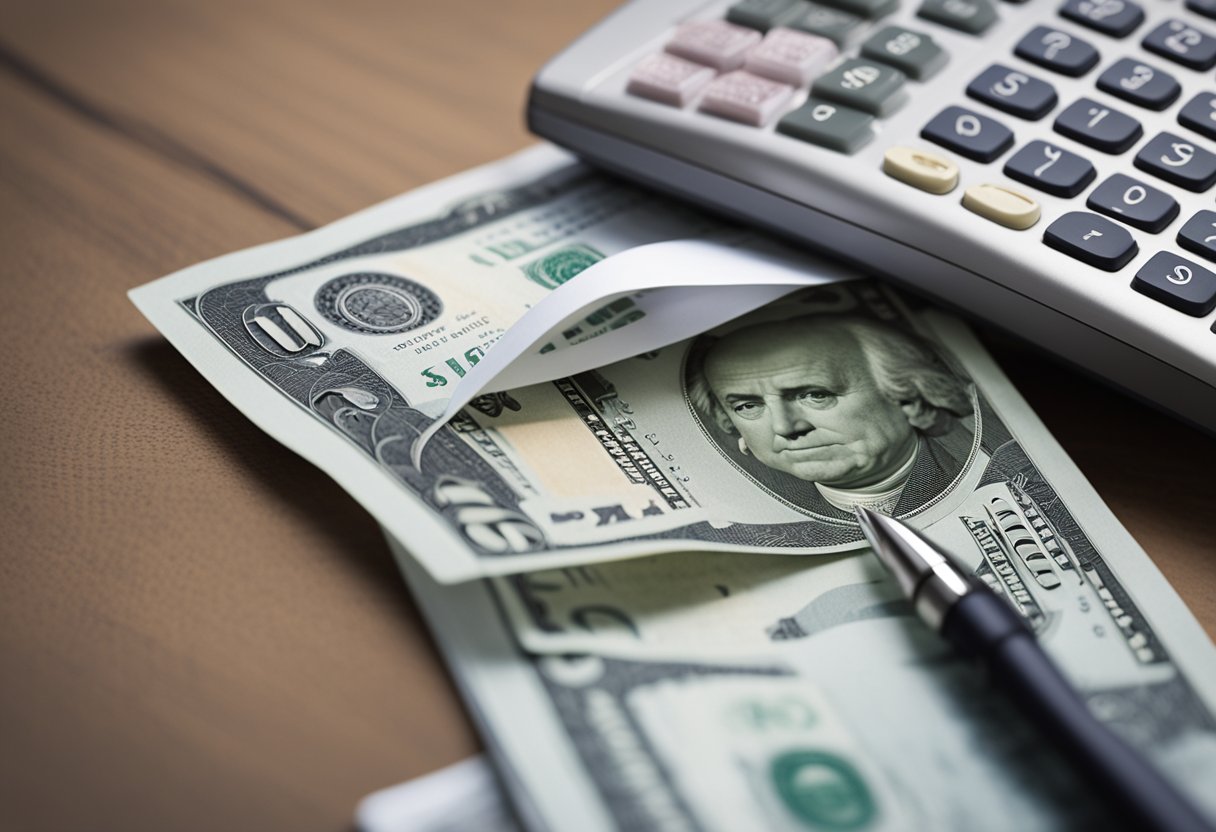 A real estate note and a stack of cash on a table, with a calculator and pen nearby. A seller and buyer shaking hands in the background