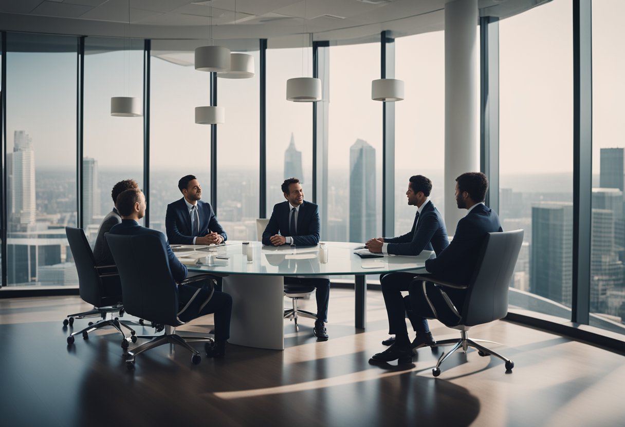 A group of investors meeting with private money lenders, discussing real estate investment financing strategies in a modern office setting