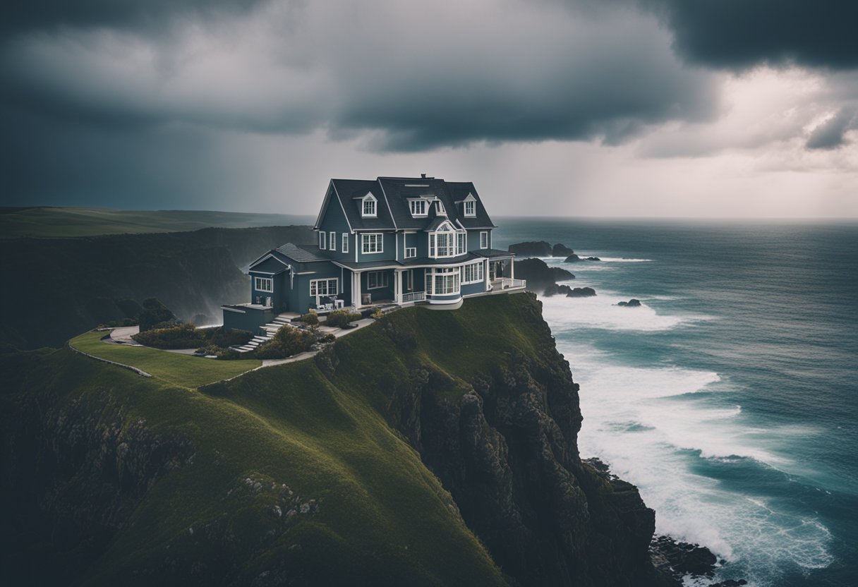 A house standing on a cliff edge, with storm clouds gathering overhead and waves crashing against the rocks below