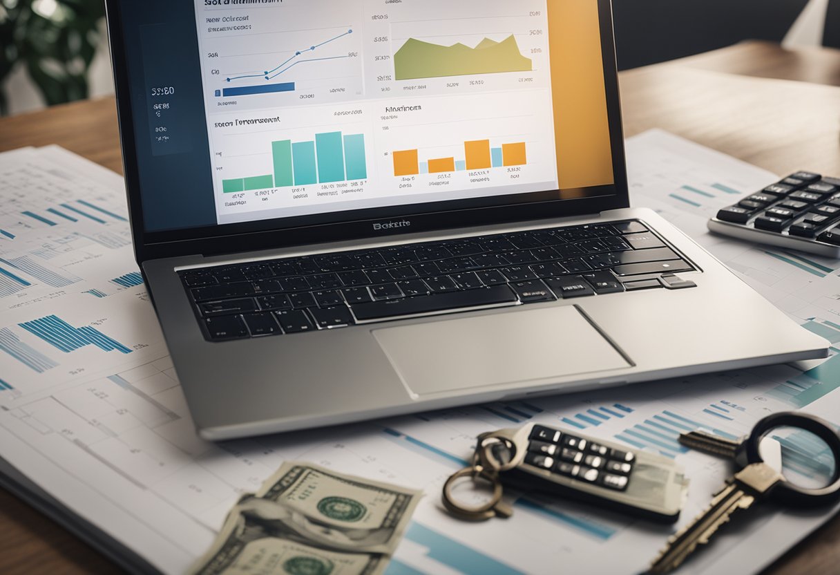 A laptop displaying a real estate investment platform, surrounded by charts and graphs, with a stack of cash and a set of keys nearby