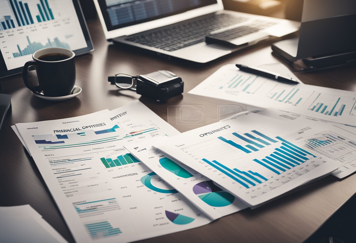 A desk with financial charts and graphs, a computer displaying investment data, and a stack of documents labeled "Private Credit Opportunities."