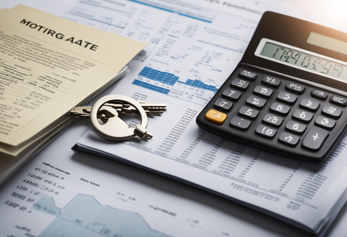 A house with a mortgage document and a set of keys on a table next to a calculator and a chart showing interest rates