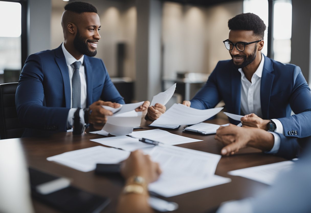 A real estate investor meeting with private money lenders in an office setting, discussing loan terms and reviewing property documents