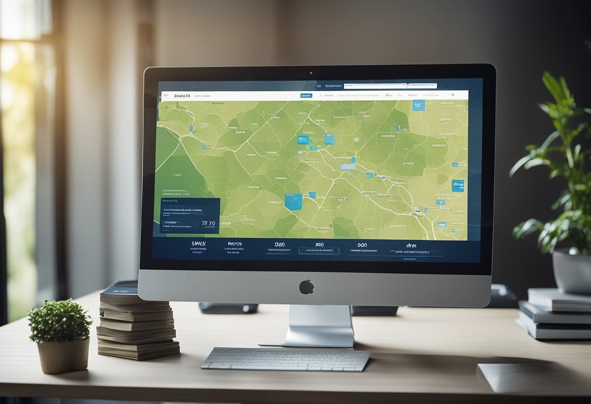 A computer screen displaying an online platform for land investing, with a map showing various land parcels available for purchase